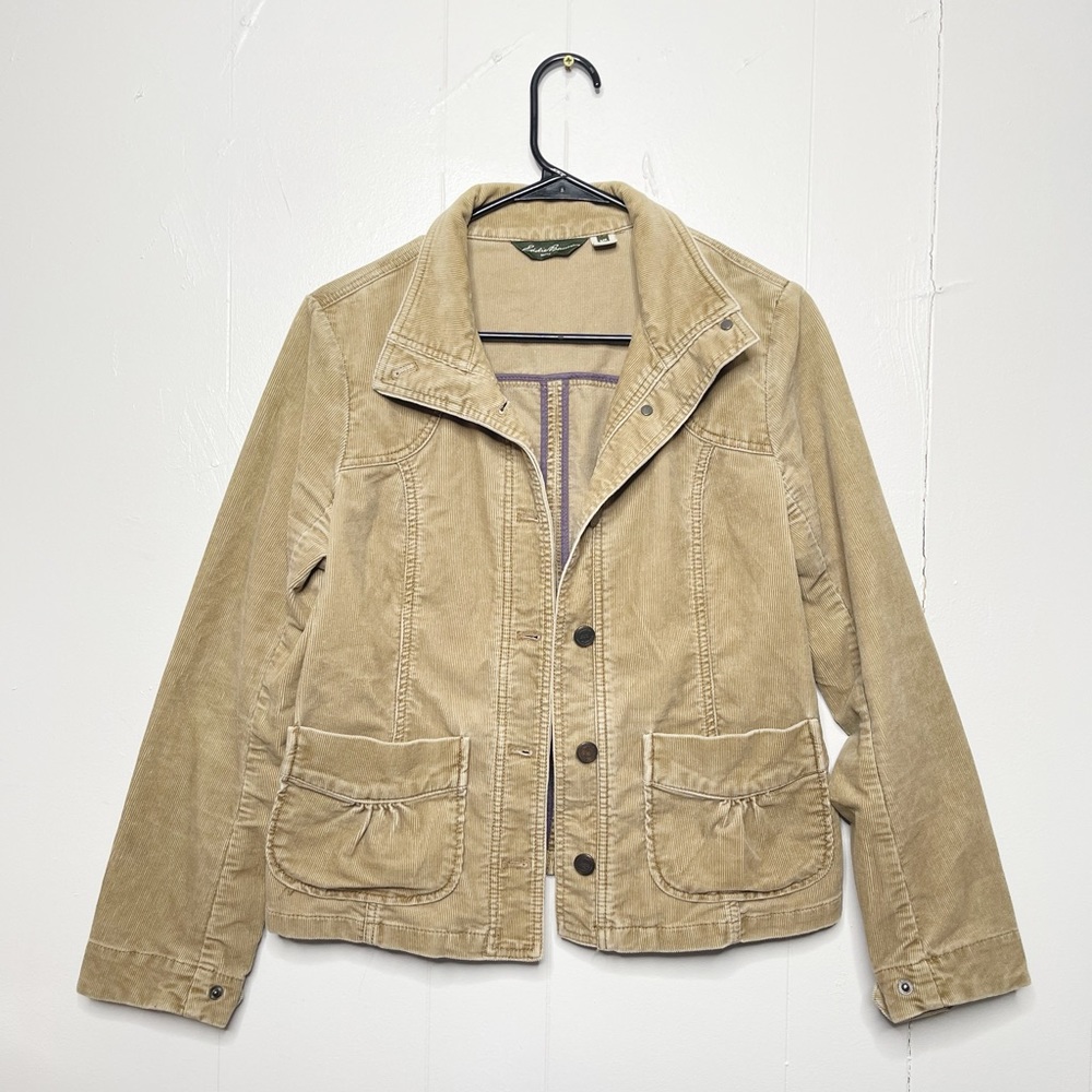 Eddie Bauer woman's blazer jacket size M petite tan stretch corduroy button down
